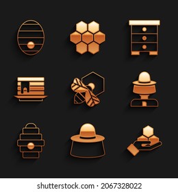 Set Bee and honeycomb, Beekeeper with protect hat, Honeycomb hand, Hive for bees, Stack of pancakes,  and  icon. Vector