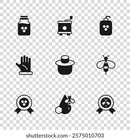Set Bee and honeycomb, Best bee, Beekeeper with protect hat, Cosmetic tube, Jar of, Honey extractor and glove icon. Vector