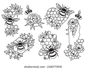 Set of bee with honeycomb. Collection of stylized logo with a honey bee. Farm of honey. Vector illustration on white background.