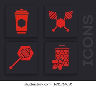 Set Bee and honeycomb, Cup of tea with honey, Honey dipper stick and Honey dipper stick icon. Vector
