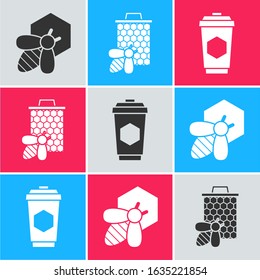 Set Bee and honeycomb, Bee and honeycomb and Cup of tea with honey icon. Vector