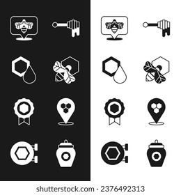 Set Bee and honeycomb, Honeycomb, dipper stick with, medal, bee location, Jar of and Hanging sign icon. Vector