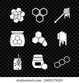 Set Bee and honeycomb, Honeycomb, dipper stick with dripping, Jar of,  and  icon. Vector