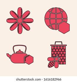 Set Bee and honeycomb, Flower, Honeycomb map of the world and Tea kettle with honey icon. Vector