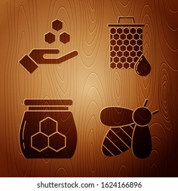 Set Bee, Honeycomb and hand, Jar of honey and Honeycomb on wooden background. Vector