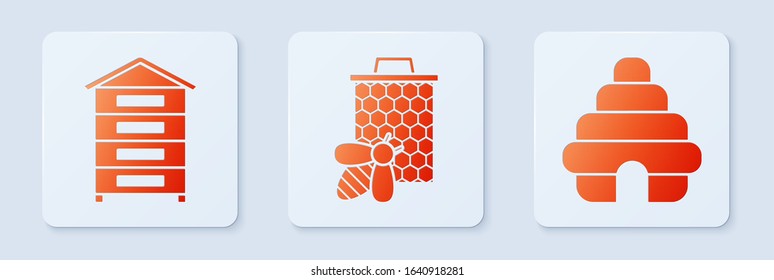 Set Bee and honeycomb, Hive for bees and Hive for bees. White square button. Vector