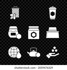 Set Bee and honeycomb, Hive for bees, Cup of tea with, Honeycomb map the world, Tea kettle, hand, Jar and  icon. Vector