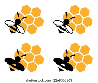 Set of bee and honeycomb icons. Bee logo, silhouettes insects. Vector illustration.