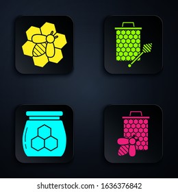 Set Bee and honeycomb, Bee and honeycomb, Jar of honey and Honeycomb with honey dipper stickicon. Black square button. Vector