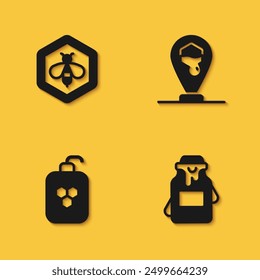 Set Bee and honeycomb, Jar of, Cosmetic tube with and Honeycomb bee location icon with long shadow. Vector