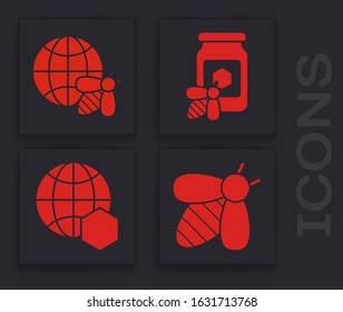 Set Bee, Honeycomb map of the world and bee, Jar of honey with bee and Honeycomb map of the world icon. Vector