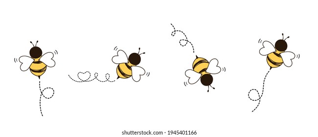 Set of bee icons and dashed lines isolated on white background vector illustration. Cute cartoon character.