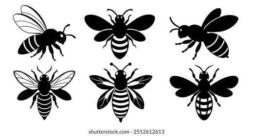 Set of Bee icons, Honey bee silhouette vector art illustrations on a white background