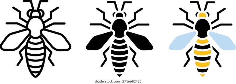 Um conjunto de ícones de abelhas representando o inseto icônico em diferentes estilos. Esses ícones podem ser usados para projetos relacionados à natureza, ao meio ambiente ou à apicultura, bem como para fins educacionais sobre polinização e biodiversidade.
