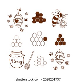 Set of bee illustrations, honeycomb hand drawn art