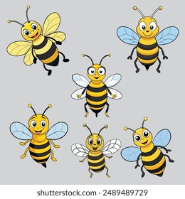 Set of bee keeping vector illustrations. Collection of cute funny bees in different poses.