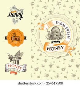 Set of bee labels and graphic for honey logo products. Vector