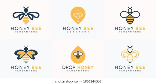 Conjunto de logotipo de abejas combinado con estilo de caída de alfileres y agua, diseño del logotipo de abejas melíferas Premium Vector