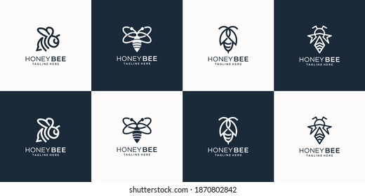 set bee logo line art style. icon for business company,honey,bee ,hive ,herb,illustration vector template .premium vector