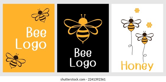 Set of bee logo sign with bee cartoons and hand written fonts on yellow, black and white backgrounds vector illustration.