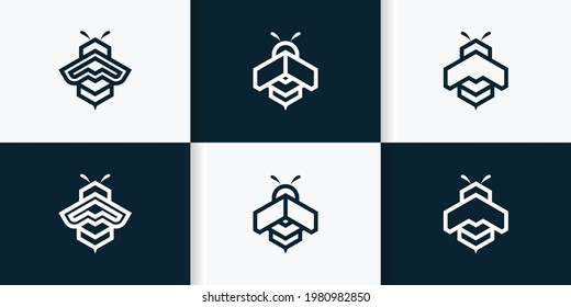 Set of bee logo template with geometric shapes line art concept Premium Vector