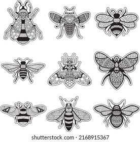 Set Of Bee Mandala Outline Coloring Page For Adults