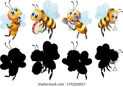 Set of bee with musical instrument illustration