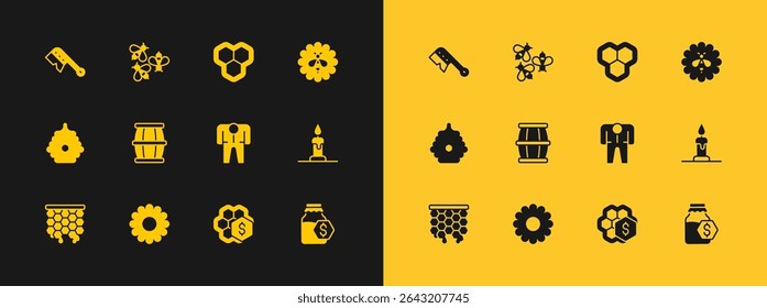Set Bee on flower, Flower, Beekeeper costume, Sale of honeycomb, Wooden barrel with, Honeycomb, Beekeeping brush and Bees icon. Vector