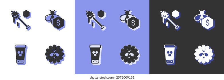 Set Bee on flower, Honey dipper stick, Cosmetic tube with honey and Sale of bees icon. Vector