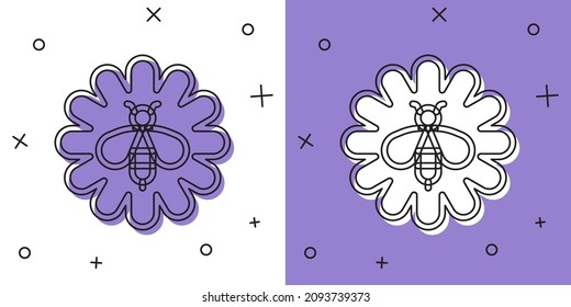 Set Bee on flower icon isolated on white and purple background. Sweet natural food. Honeybee or apis with wings symbol. Flying insect.  Vector