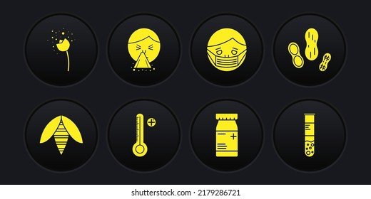 Set Bee, Peanut, Medical digital thermometer, Medicine bottle and pills, Face protective mask, Handkerchief to his runny nose, Test tube flask and Flower producing pollen icon. Vector