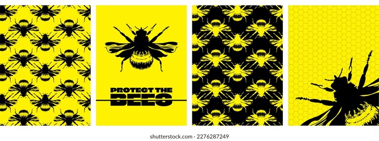 Conjunto de fondos de afiches y patrones de abejas. Silueta de abejas sin costura en negro y amarillo. Modernos y modernos fondos. Ilustración de vectores editable. EPS 10.