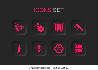 Set Bee, Sale of bees, Bees, Honeycomb, Beekeeping brush, Wooden barrel with honey,  and Burning candle icon. Vector