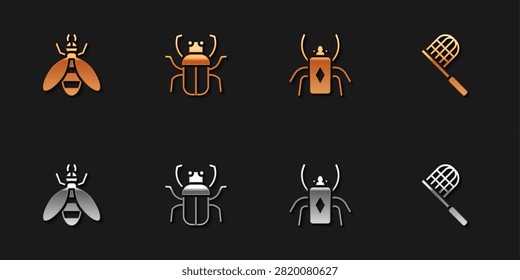 Set Bee, Stink bug, Beetle and Butterfly net icon. Vector