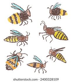 Set bee, wasp, bumblebee, hornet. Doodle hand drawn black yellow striped flying insect. Crayon, pencil or pastel chalk like kid`s vector cartoon art