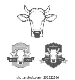 Set of beef and barbecue badges and labels in vintage style. Retro meat labels. Vector illustration.