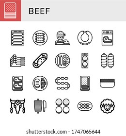 Set of beef icons. Such as Bacon, Sausage, Ribs, Butcher, Steak, Mutton, Burrito, Burger, Meatloaf, Minced meat, Cow, Shawarma, Burger bun, Shish kebab, Lamb , beef icons