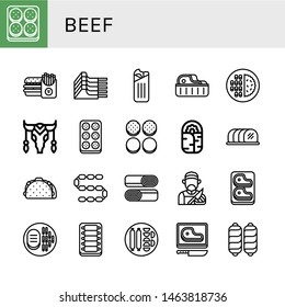 Set of beef icons such as Burger, Mutton, Shawarma, Steak, Meat, Cow, Meatball, Burger bun, Burrito, Tenderloin, Taco, Sausage, Butcher, Ribs , beef
