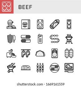 Set of beef icons. Such as Burger, Butcher, Sausage, Burrito, Shawarma, Charcoal grill, Mincer, Steak, Taco, Bbq, Tenderloin, Shish kebab , beef icons