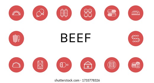 Set of beef icons. Such as Cheburek, Arepas, Sausage, Burger bun, Shawarma, Tenderloin, Taco, Ham, Dog food, Ribs, Burger , beef icons