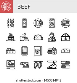 Set of beef icons such as Meat, Shish kebab, Burger, Sausage, Meatball, Shawarma, Butcher shop, Mincer, Taco, Butcher, Dog food, Steak, Meatloaf, Tenderloin, Ham , beef