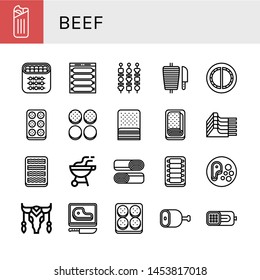 Set of beef icons such as Shawarma, Shish kebab, Sausage, Cheburek, Meatball, Burger bun, Bacon, Meatloaf, Mutton, Bbq, Ribs, Steak, Cow, Burger, Ham , beef