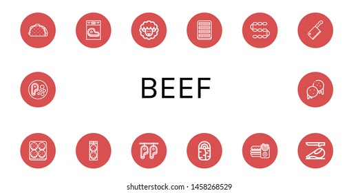 Set of beef icons such as Taco, Steak, Lamb, Bacon, Sausage, Cleaver, Burger, Burrito, Ham, Arepas , beef