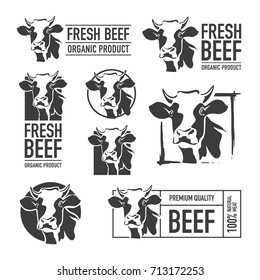 Set of beef logo. Butchery labels. Cow icons for groceries, meat stores, packaging and advertising