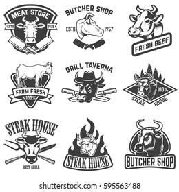 set of beef meat, steak house emblems. Design elements for logo, label, sign. Vector illustration
