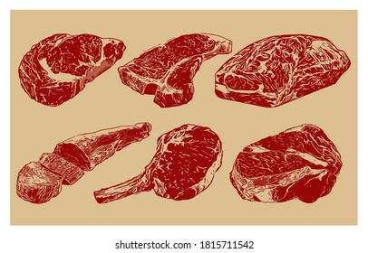 Set Of Beef Raw, Vintage Design Concept, Silhouette Design Concept, Vector illustration.