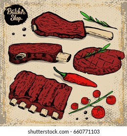 set of beef ribs. Grilled steak with cherry tomatoes, chili pepper, rosemarine on grunge background. Design elements for restaurant menu, poster. Vector illustration