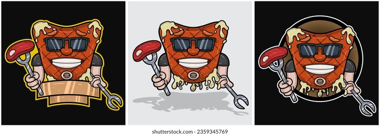 Set Of Beef Steak Mascot Cartoon With Holding Meat and Forks. For Food, Meat, Barbeque and Beef Logo. Vectors Illustrations.