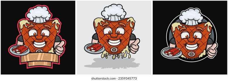 Set Of Beef Steak Mascot Cartoon With Meat In Plate And Happy Face. For Food, Meat, Barbeque and Beef Logo. Vectors Illustrations.