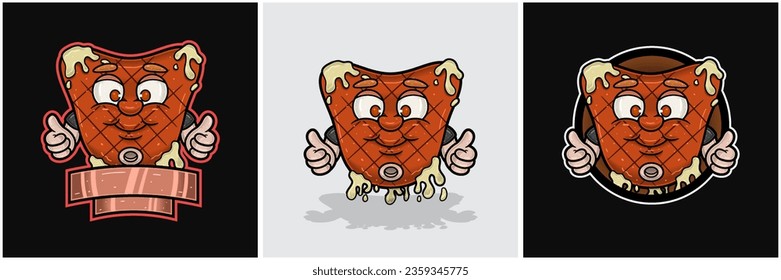 Set Of Beef Steak Mascot Cartoon With Happy Smile Face. For Food, Meat, Barbeque and Beef Logo. Vectors Illustrations.
